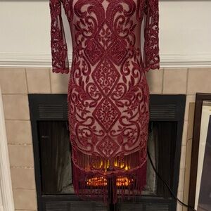 Red and Cream Lace and Beaded Flapper Dress